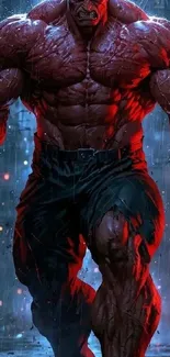 Epic red-skinned hero standing powerfully in rain.