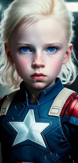 Epic hero kid in star-themed costume with blue eyes for mobile wallpaper.