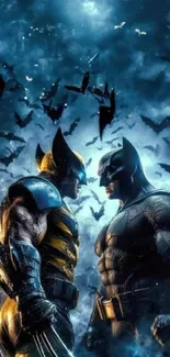 Epic superhero showdown under a dark sky filled with bats.