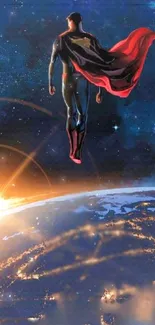 Superhero soaring above illuminated Earth with glowing space backdrop.