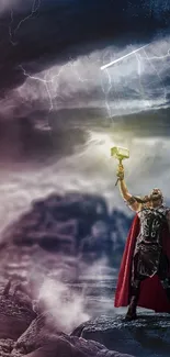 Hero with hammer raised against stormy sky.