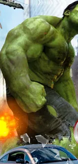 Green superhero in explosive action scene on mobile wallpaper.