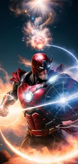 Epic superhero clad in red armor with dynamic cosmic energy swirling around.