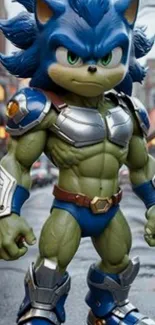 Armored heroic character in urban setting