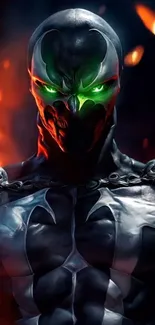 Epic wallpaper with fiery background and glowing green eyes.