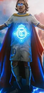 Heroic soccer player with a cape and blue energy in dynamic mobile wallpaper.