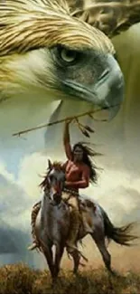 Epic artwork of an eagle and rider on a horse under a vibrant sky.