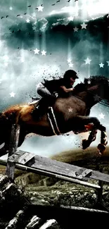 Dynamic horse jump against dramatic, cloudy sky on wallpaper.