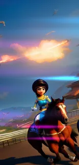 Animated horse race with vibrant sky action.