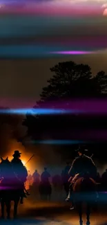 Silhouetted horsemen against a fiery sky in dramatic, dark scene.