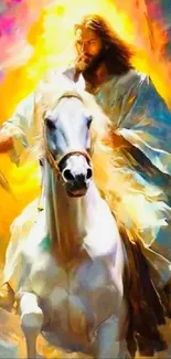 Vibrant artwork of a rider on a white horse with dramatic colors.