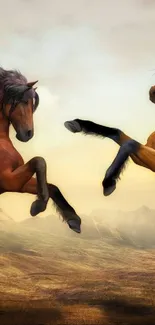 Two horses rearing up against a mountain backdrop in dynamic scene.
