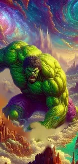 Epic Hulk fantasy wallpaper with vibrant colors and cosmic background.