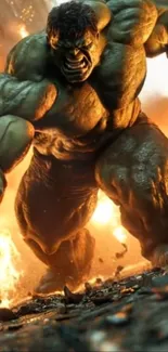 Epic Hulk in action with fiery backdrop.