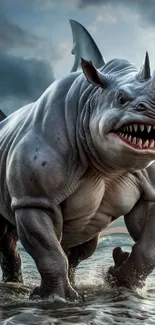 Hybrid rhino-shark creature in water.