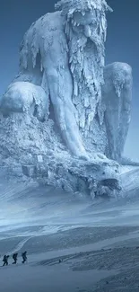 Ice giant in a mystical, snowy landscape with explorers.