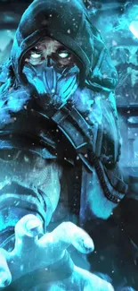 Epic ice warrior with glowing blue eyes in fantasy mobile wallpaper.