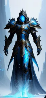 Epic ice warrior in blue armor amid frozen landscape.