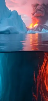 Epic contrast of iceberg and erupting volcano with vivid colors.