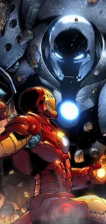 Epic superhero battle in vibrant armor.