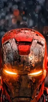 Epic iron hero in metallic armor with glowing eyes.