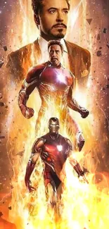 Epic Iron Man artwork showcasing Tony Stark's evolution with fiery effects.