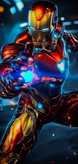 Superhero in shiny metallic suit with glowing blue and red accents.