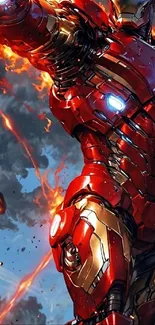 Superhero iron suit with fiery background.