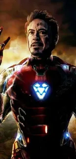 Epic Iron superhero wallpaper with vibrant armor and glowing lights.