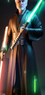 Jedi holding lightsabers in a dynamic sci-fi wallpaper.