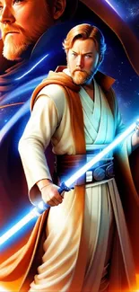 Vibrant Jedi warrior with a glowing lightsaber in a cosmic setting.