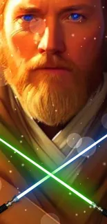 Jedi warrior with blue eyes and green lightsabers in a fantasy scene.