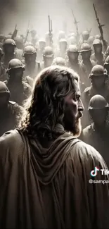 Epic depiction of Jesus among soldiers in battle-ready stance.