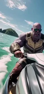 Character jet skiing in tropical ocean under blue sky.