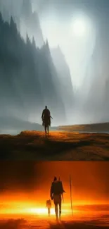 Epic fantasy wallpaper of a lone traveler in dramatic landscapes.