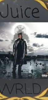 Juice WRLD standing in a reflective water landscape with dramatic skies.