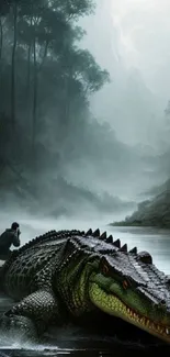 Giant crocodile emerging from a misty jungle river.