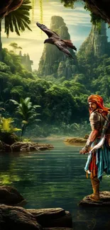 Warrior standing in a lush jungle landscape with an eagle soaring above.