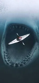 Dramatic scene with kayak in shark's mouth.