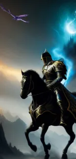 Knight on horseback with a dragon flying under a night sky.