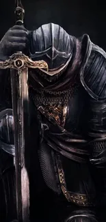 Dark armored knight with sword in hand, set against a black background.