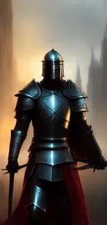 A medieval knight in armor stands in an epic fantasy landscape with dramatic lighting.