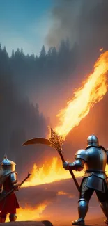 Two knights in armor facing fire in a dramatic forest setting.