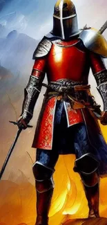 A knight in orange glowing armor surrounded by flames on a wallpaper.