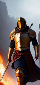 Epic knight in golden armor facing fiery landscape.