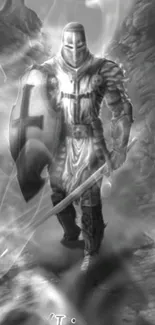 Epic monochrome knight with shield and sword in ancient setting.