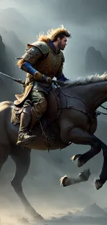 A knight in armor riding a horse through a mystical landscape on a mobile wallpaper.