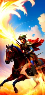 A knight on a horse rides through a vibrant and fiery landscape.