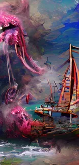 Epic artwork featuring a kraken battling with a ship on a vibrant seascape.