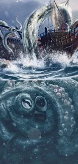 Artwork of a kraken attacking a ship in turbulent ocean waters.